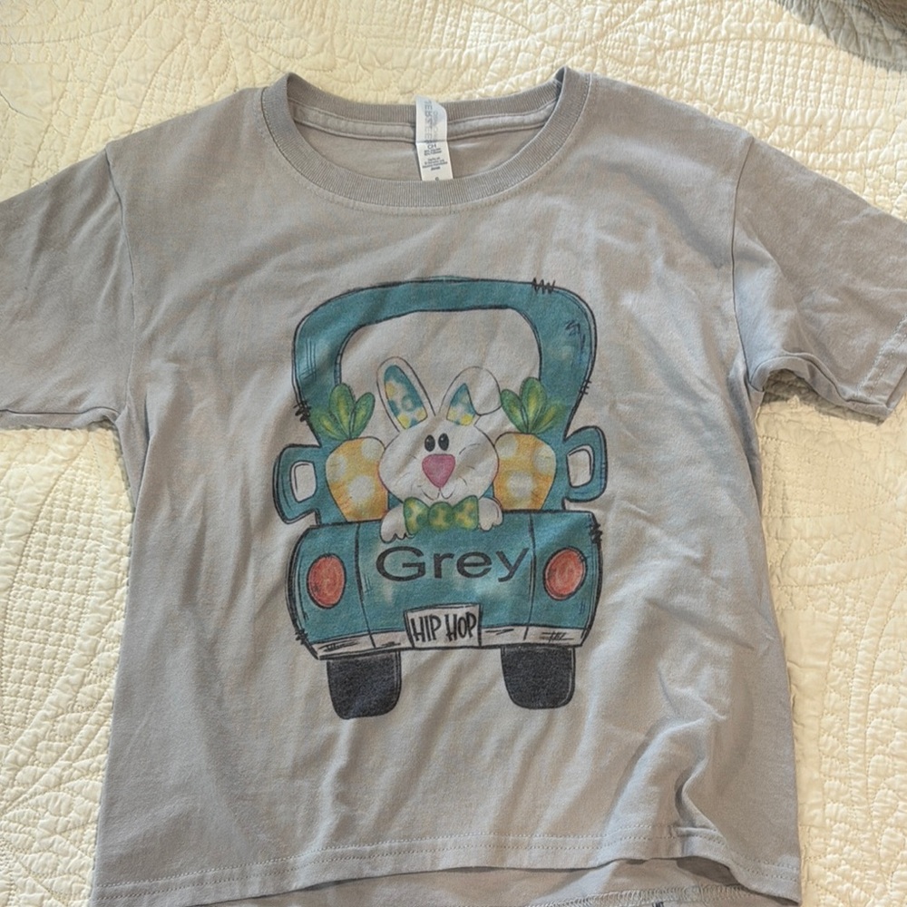 Gray Kids Easter Shirt with Bunny and Pineapple Design